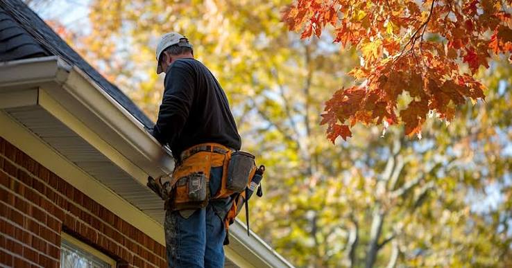 Gutter installer working along the fascia of a brick home