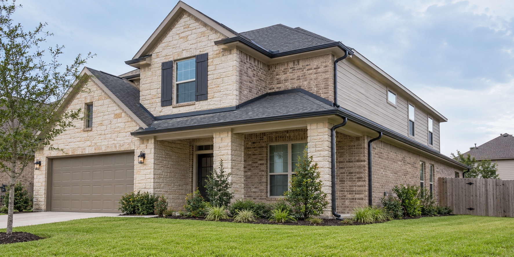 Houston-area home with newly installed seamless gutters and downspouts